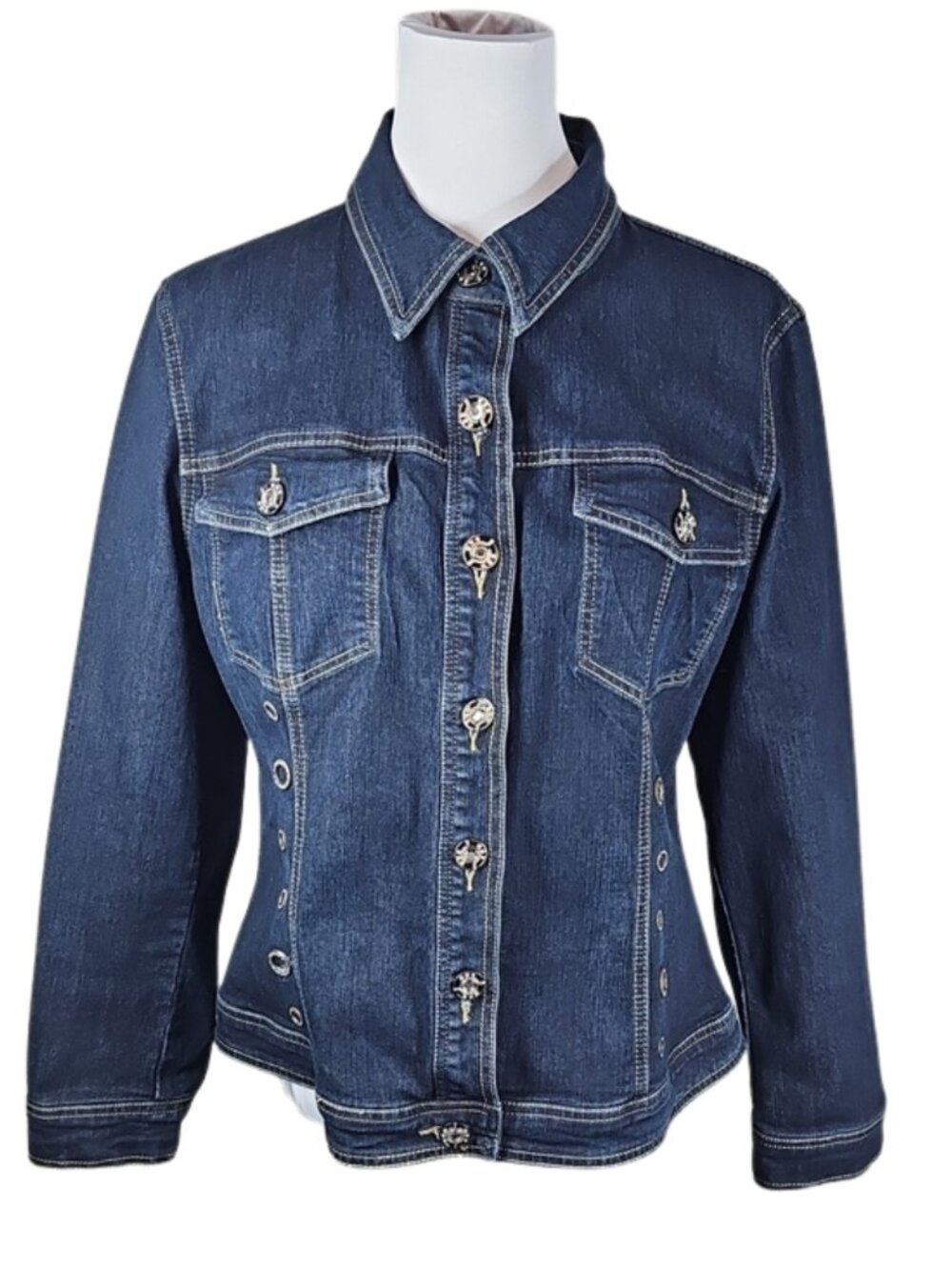 V Cristina Rhinestone Stretch Denim Jacket L Y2K Rocker Chic Western Glam